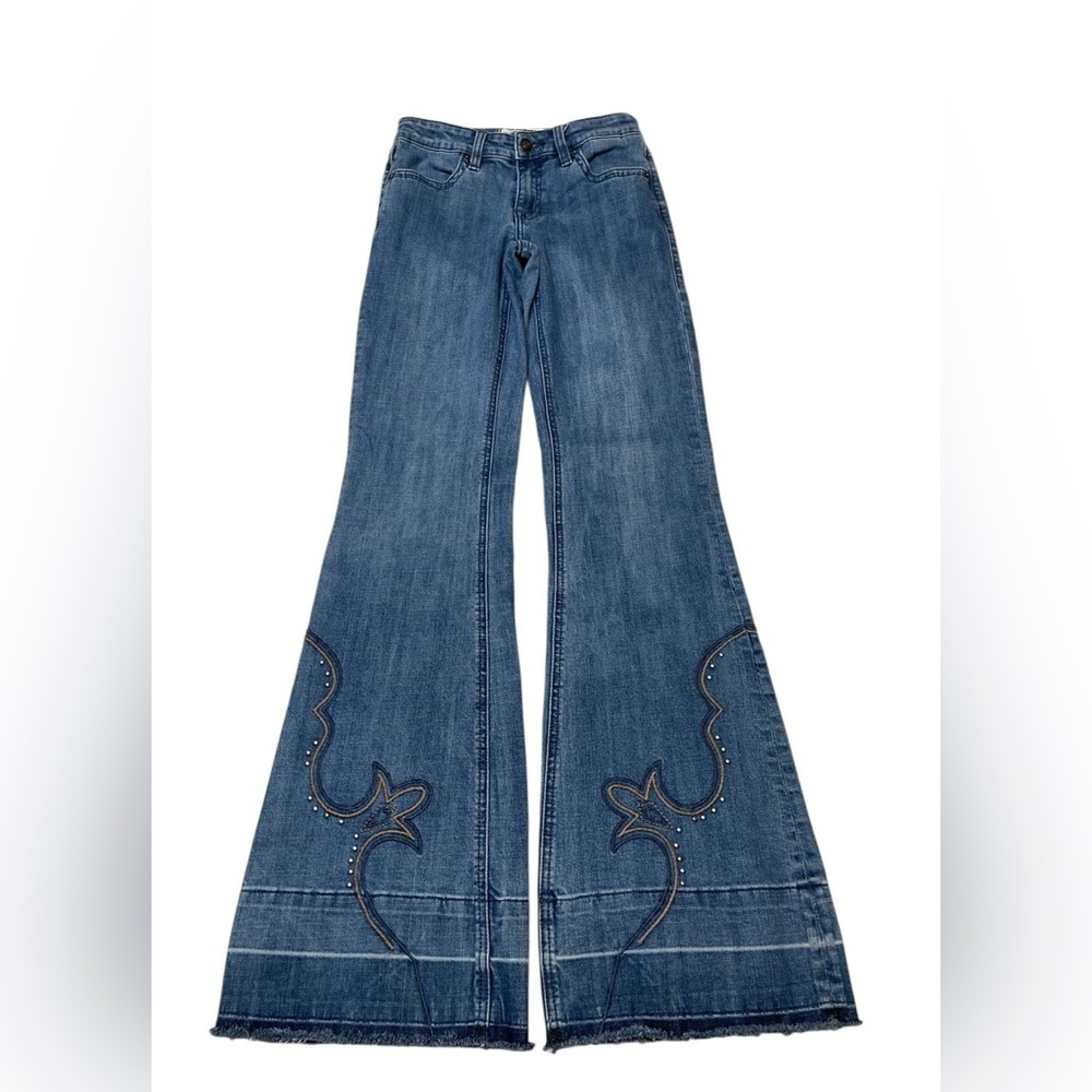 Rock & Roll Denim Mid Rise Flared Trouser Western Embroidered Bottoms Size 25W